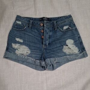 Hollister Women's Ripped Jean Shorts - Dark Blue Size 27